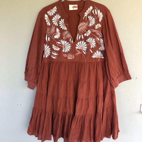 Anthropologie Samant Chauhan Dress M Embroidered Tiered Mini Babydoll Spice Boho - Picture 2 of 15